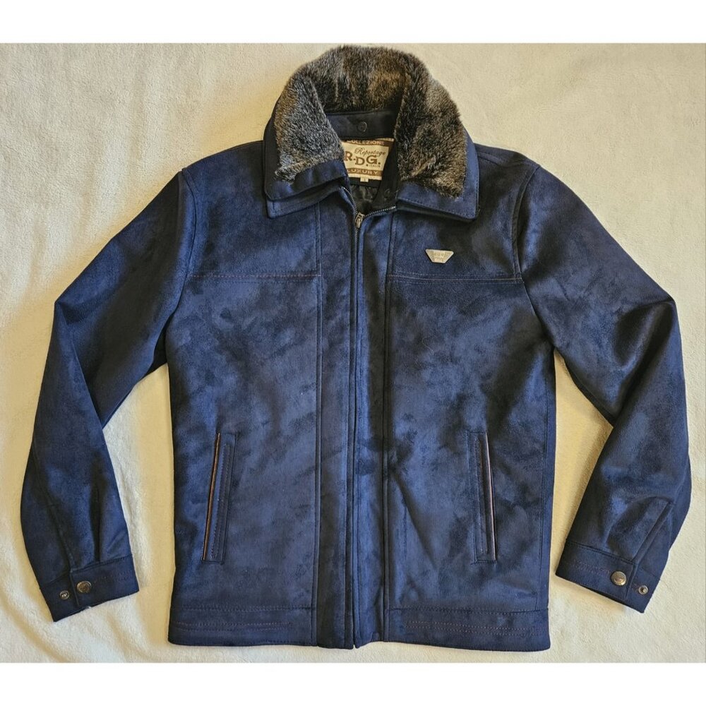 Men's Blue Leather RDG italia reportage luxury jacket with Fur Trim Size Small